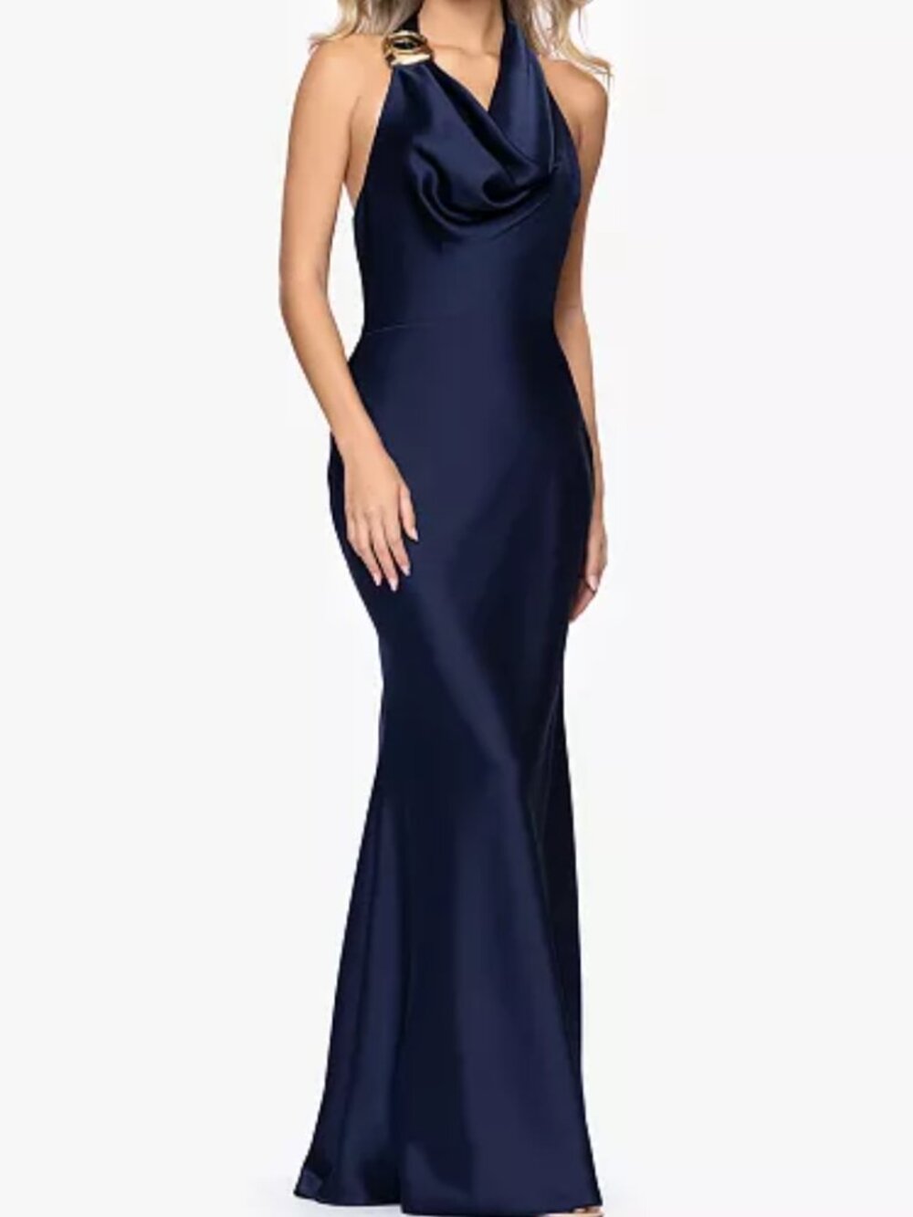 NWT Betsy & Adam Navy Satin Halter Gown Size 6